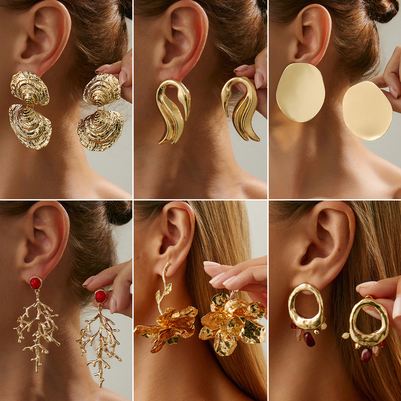 欧美跨境earrings褶皱金属皱立体花朵珊瑚耳钉夸张光面天鹅耳环女|undefined