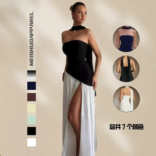 优雅名媛不规则抹胸绑带连衣裙女2025年夏季新款法式性感开叉长裙