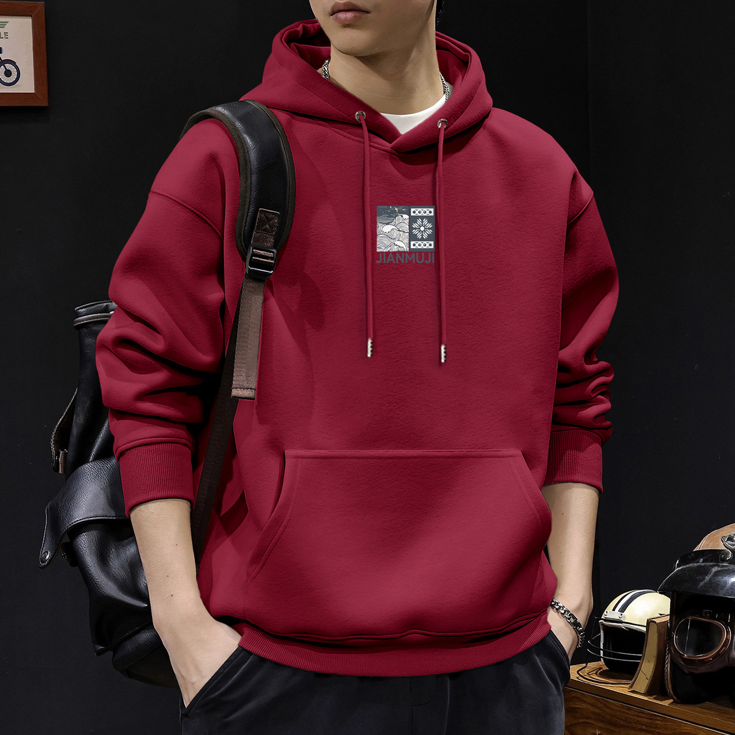 Hombre vino rojo chaqueta de otoño hombre encapuchado chaqueta de pareja suelta nueva camiseta de moda de primavera y otoño hombre