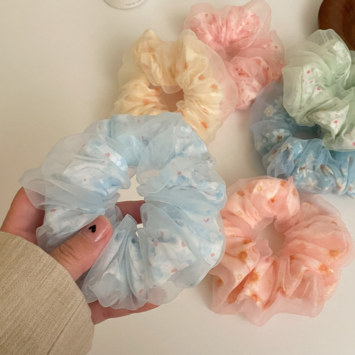 Summer fresh and sweet Korean style large intestine hair ring mesh bag intestine floral polka dot rope college style rubber band hair accessory for women