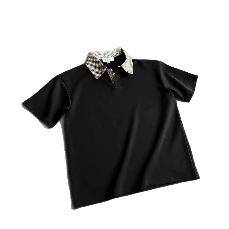 Houndstooth spliced ​​polo shirt short-sleeved men's American old money style shoulder T-shirt cleanfit lapel half sleeve