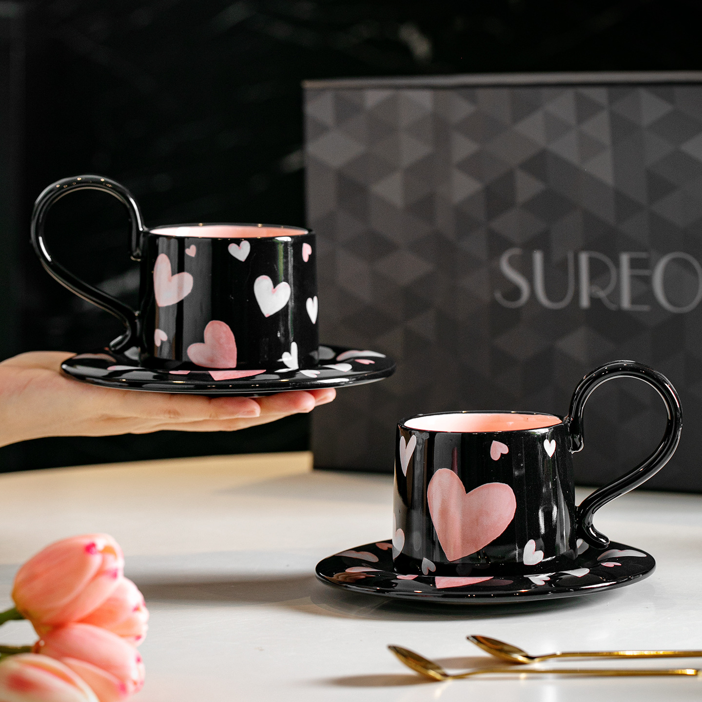 Amor arco taza de café y plato conjunto de caja de regalo para la casa de bodas regalo de regalo de cumpleaños té de la tarde