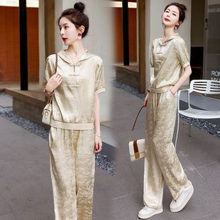 Chinese-Style Short-Sleeved Two-Piece Set, Chinese-Style Suit, 2025 Summer New Hooded Set, Loose Wide-Leg Pants