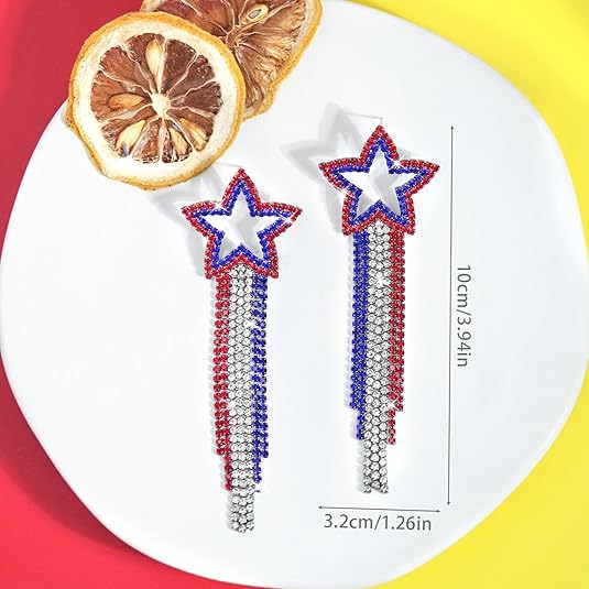 American Flag Independence Day Patriotic Heart Shape Rhinestone Dangle Earrings for Women Bohemian Long Water Drop Jewelry