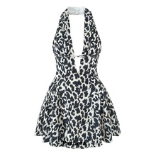 8098欧美外贸女装性感豹纹深V领露背挂脖连衣裙欧美风连衣裙