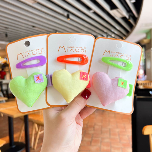 Korean version of fluorescent color children's cotton stuffed love pressure clip for girls and babies, simple and versatile water drop type BB clip two-piece set