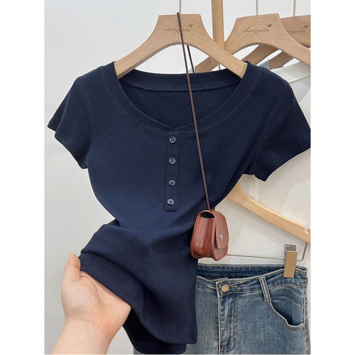 Korean-style design pure color regular shoulder short-sleeve women's summer half-collared stylish T-shirt