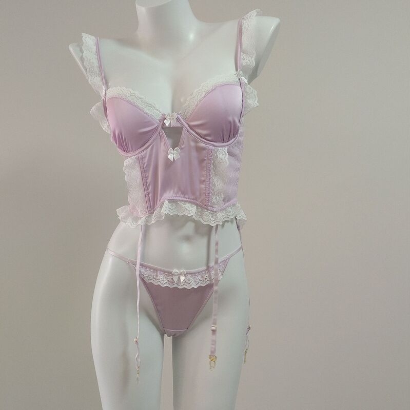 Achu Girl Sexy Lace Trim Satin Pajamas for Women with Cup Pad and Fishbone Underwear Two-Piece Set Wearable