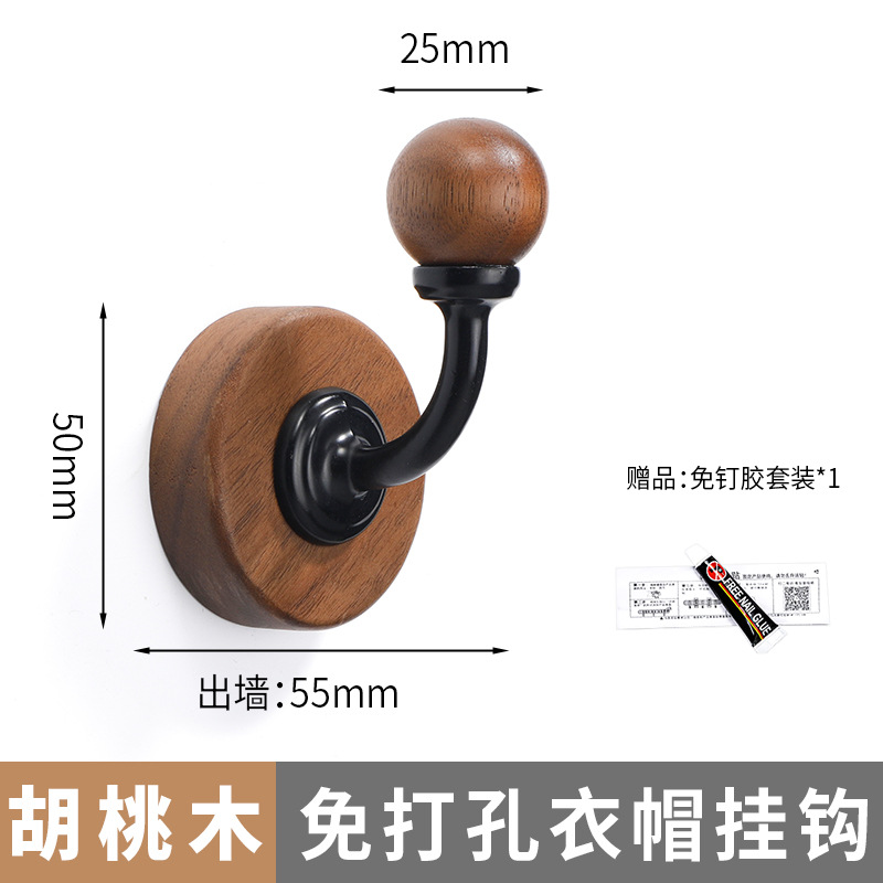 Gancho de ropa de madera negra de nuez no perforado detrás de la puerta de la pared del armario de vestíbulo de la pared del gancho adhesivo de ropa de pintura
