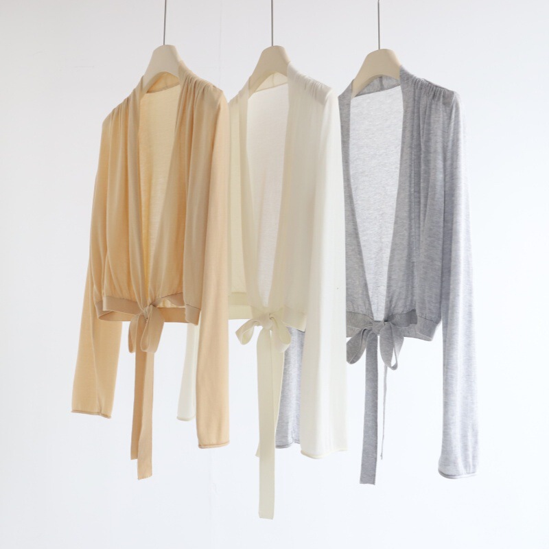 Lyocell Tencel Buttonless Lace-Up Long-Sleeved Short Knitted Cardigan for Women Summer New Style Thin Blouse with Pleated Shoulders