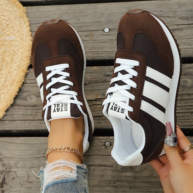 Cross-Border Women's Shoes, Brown and White Color-Blocking Mesh Sneakers, Three-Stripe Breathable Lace-Up Casual Running Shoes Wholesale Brown Cross-Border Women's Shoes, Brown and White Color-Blocking Mesh Sneakers, Three-Stripe Breathable Lace-Up Casual Running Shoes Wholesale Brown