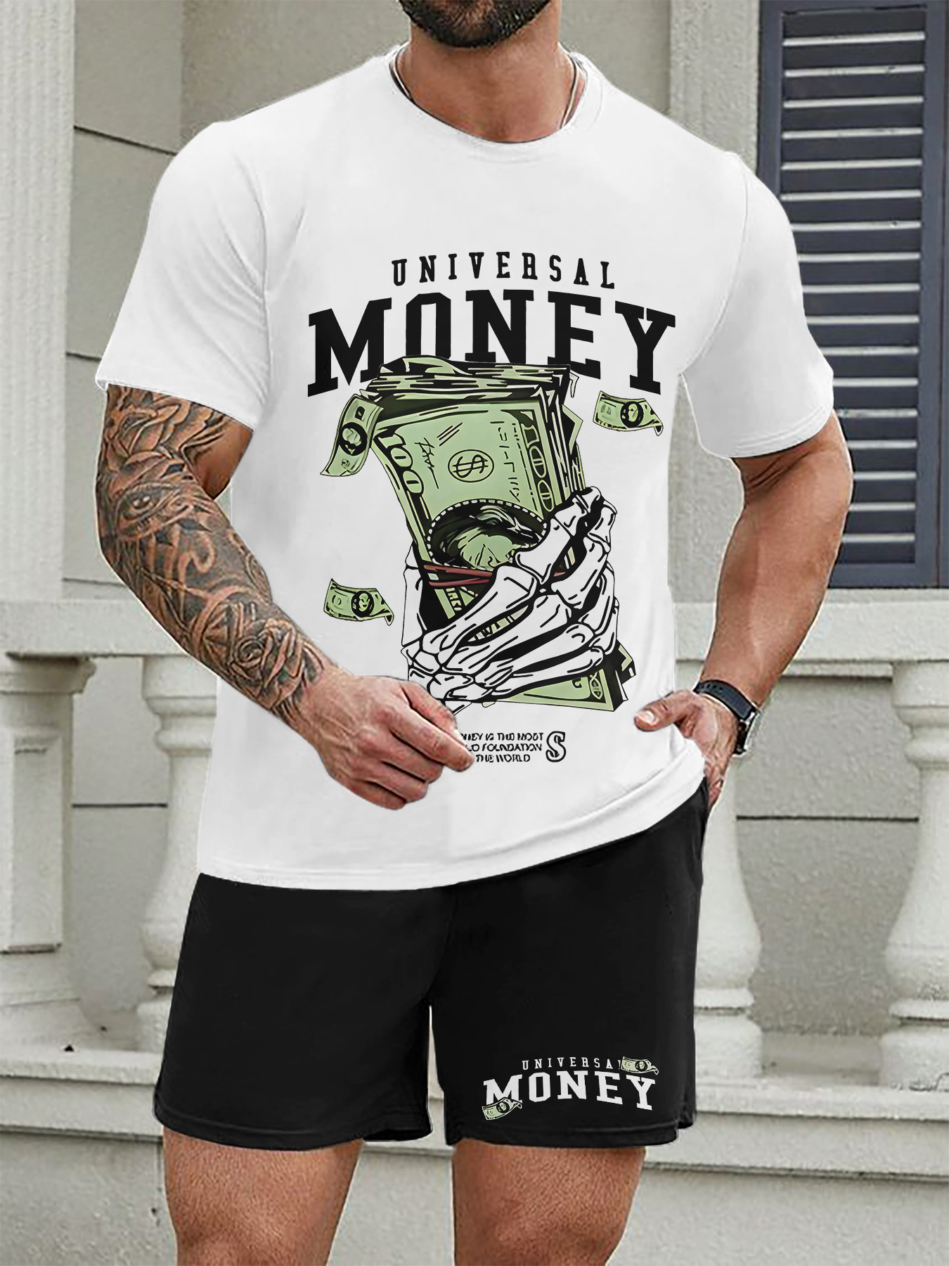 Completo estivo da uomo a due pezzi: camicia a maniche corte dalla vestibilità ampia e t-shirt taglie forti con pantaloncini Mingshi_voghion.com