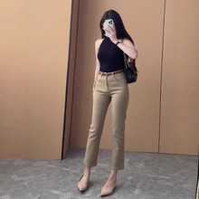 卡其色窄版直筒牛仔裤女夏季薄款2025年新款九分小个子法棍烟管裤