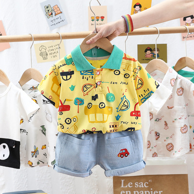 Children's clothing 2021 new pattern summer men and women baby children Lapel Cartoon A car Short sleeved cowboy shorts Two piece set