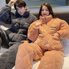 情侣款秋冬睡衣三层夹棉加厚加绒夹棉可爱保暖法兰绒家居服可外穿