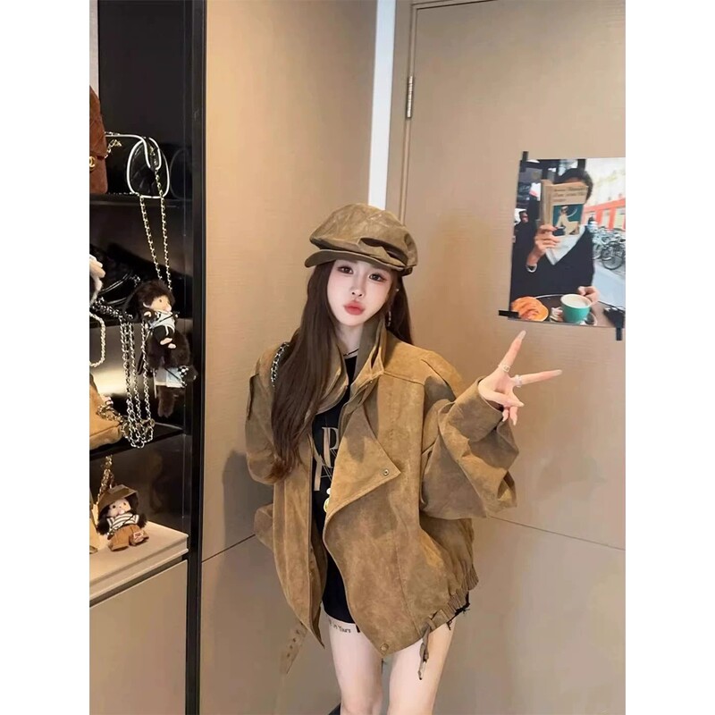 Retro coffee-colored Maillard-effect suede motorcycle jacket, women's new spring/autumn collection, oversized workwear-style leather jacket, trendy top Retro coffee-colored Maillard-effect suede motorcycle jacket, women's new spring/autumn collection, oversized workwear-style leather jacket, trendy top