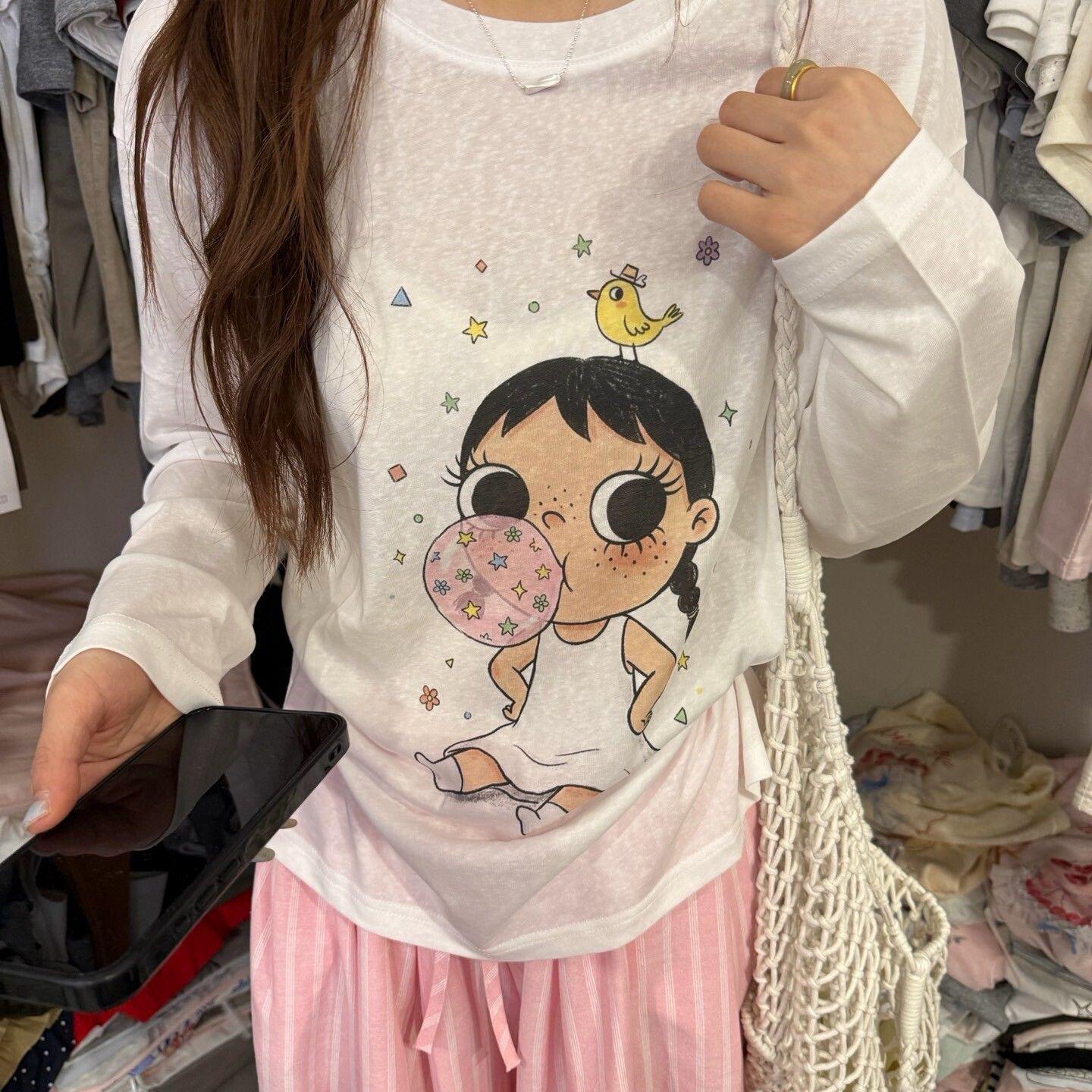 Korean style cartoon jade print thin T-shirt for women, new summer style, loose fit, slimming, lazy style top, sun protection cover-up.
