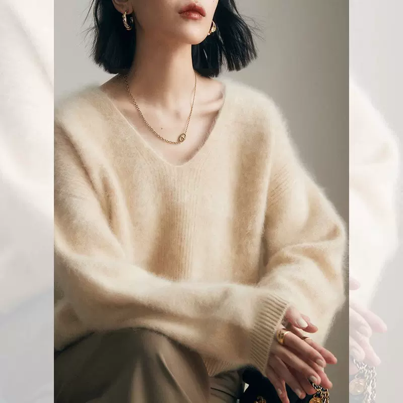 高级感软糯仿水貂绒v领毛衣女秋冬季时尚慵懒风奶fufu针织衫上衣