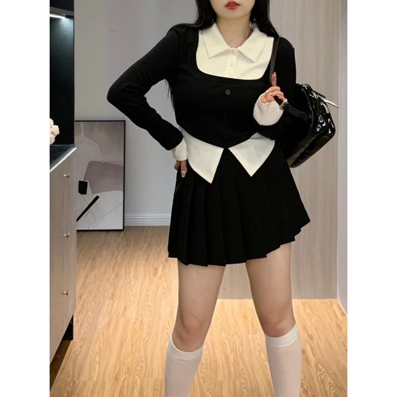 (2개) 대형 여성 의류 2023 봄 아카데미 스타일 컬러 블록 탑 가짜 투피스 탑 셔츠 여성용 통통한 주름 치마 세트