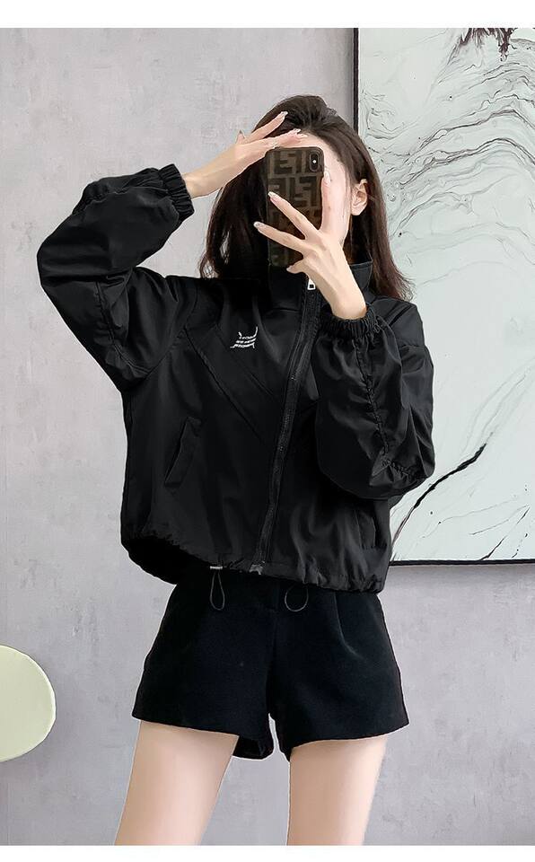 Áo khoác nữ dáng ngắn chiết eo cổ đứng khóa kéo phong cách casual — Màu lúa mì, Màu trắng ngà, màu đen chi tiết 8