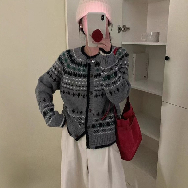 复古费尔岛毛衣外套女装秋冬新款宽松慵懒风加厚软糯针织开衫上衣|undefined