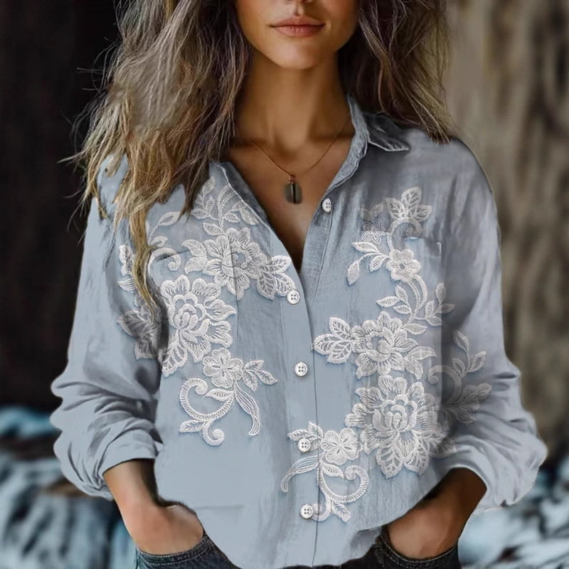 跨境亚马逊独立站跨境新款数码印花女士时尚大码翻领长袖衬衫上衣