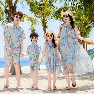夏季海边度假亲子装一家四口母子母女沙滩裙套装洋气多巴胺背心裙