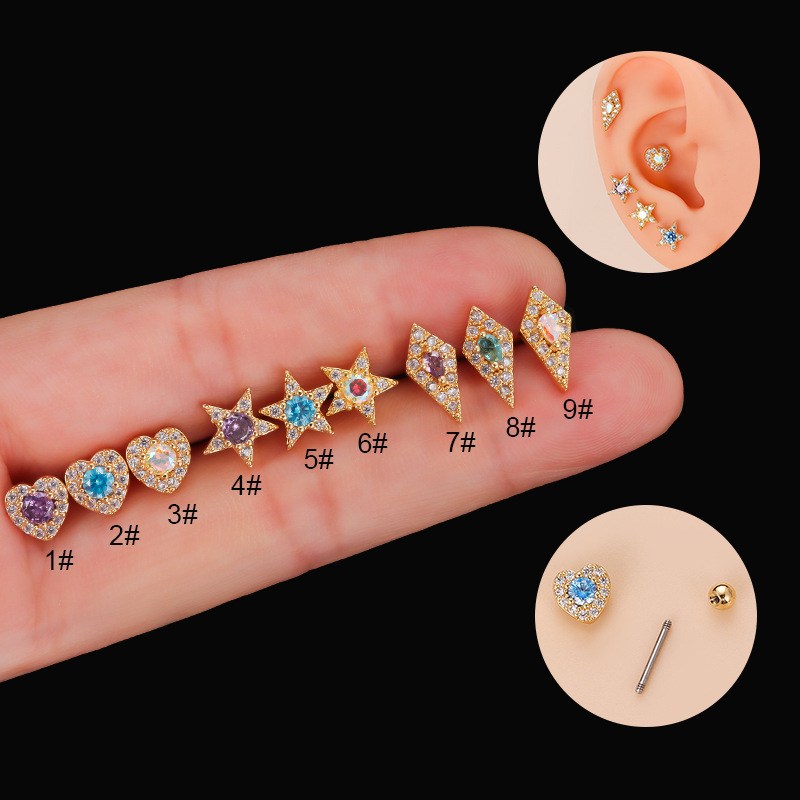 Fashion Star Heart Shape Copper Plating Inlay Zircon Ear Studs 1 Piece
