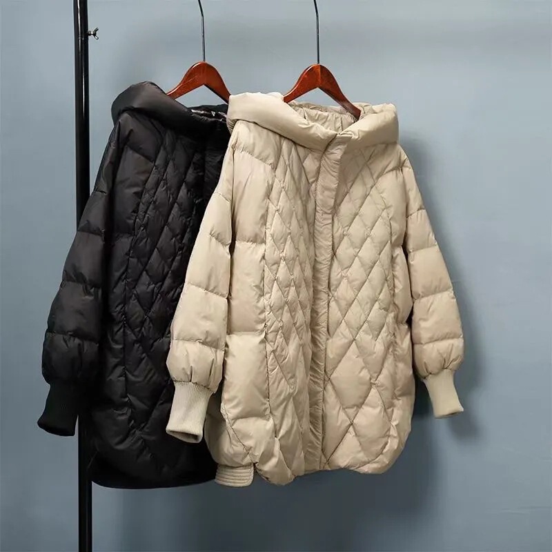 New White Duck Down Jacket Women's shell hooded large version Diamond Plaid artistic loose plus size mid-length coat New White Duck Down Jacket Women's shell hooded large version Diamond Plaid artistic loose plus size mid-length coat