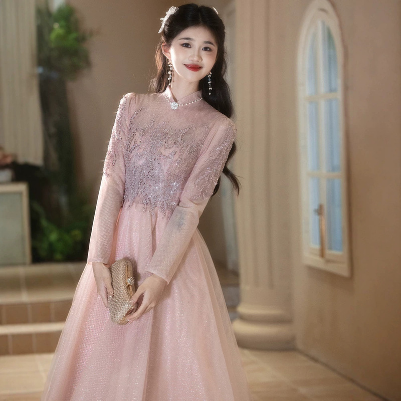Elegant Evening Dress for Women 2026 New Model, High-End Engagement Dress, Pink Light Luxury Niche High-End Sequin Dress Elegant Evening Dress for Women 2026 New Model, High-End Engagement Dress, Pink Light Luxury Niche High-End Sequin Dress