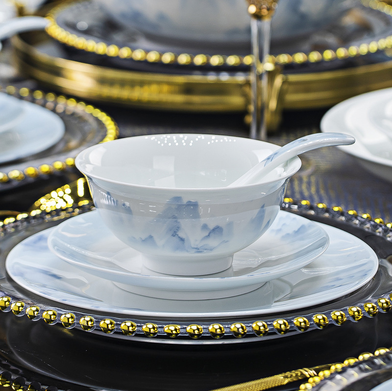 Jingdezhen High White Porcelain Bowl and Plate Dinnerware Set for Home Use, High-Temperature White Porcelain Underglaze Color Ceramic Rice Bowls, Chopsticks, and Dish Plates Jingdezhen High White Porcelain Bowl and Plate Dinnerware Set for Home Use, High-Temperature White Porcelain Underglaze Color Ceramic Rice Bowls, Chopsticks, and Dish Plates