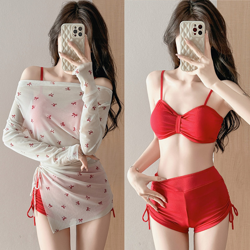Swimsuit Female Sexy Pure Lust Hot Girl Long-Sleeved Blouse Boxer Briefs Bikini Split Three-Piece Set Push-Up Resort Hot Spring
