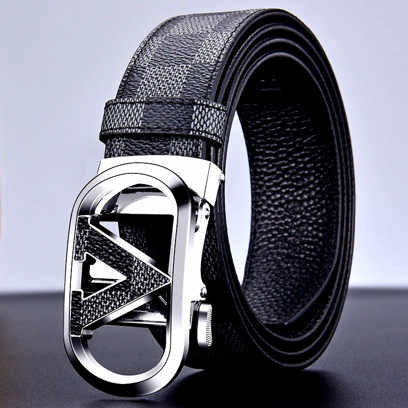 Cinturón de Cuero Genuino de Dos Capas para Hombre, Estampado de Cuadros, Hebilla Automática, Estilo Casual de Lujo