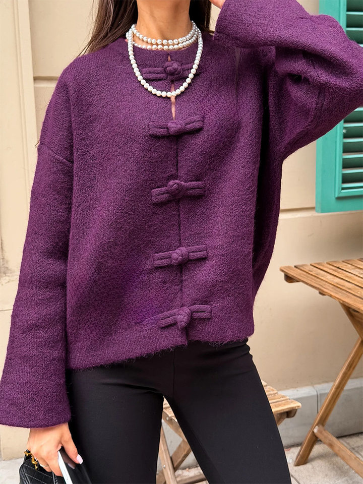 Áo cardigan len dài tay cổ tròn màu trơn cài khuy, form rộng — Màu tím, Xanh nhạt, Xanh quân đội, Xanh rêu đậm chi tiết 44