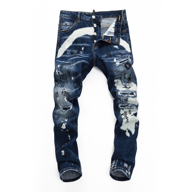2025DS Spring and Summer Personality Street Washed Personality Inkjet Blue Fashion Ripped Three Little People D2 Jeans Men's Trousers