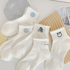 刺繡圖案襪子男女短筒襪情侶學生百搭ins潮運動襪笑臉卡通中筒襪
