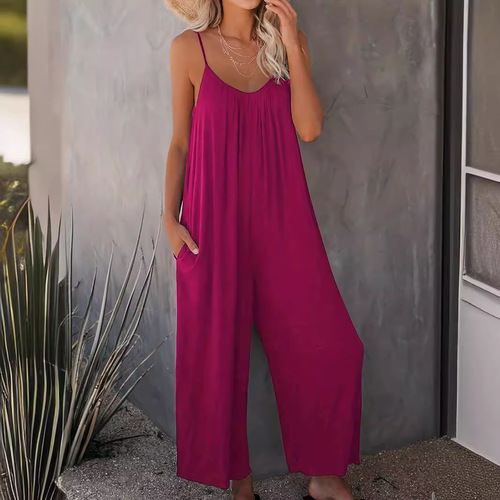 Plus-size women's fashion casual stylish pure color spaghetti strap jumpsuit