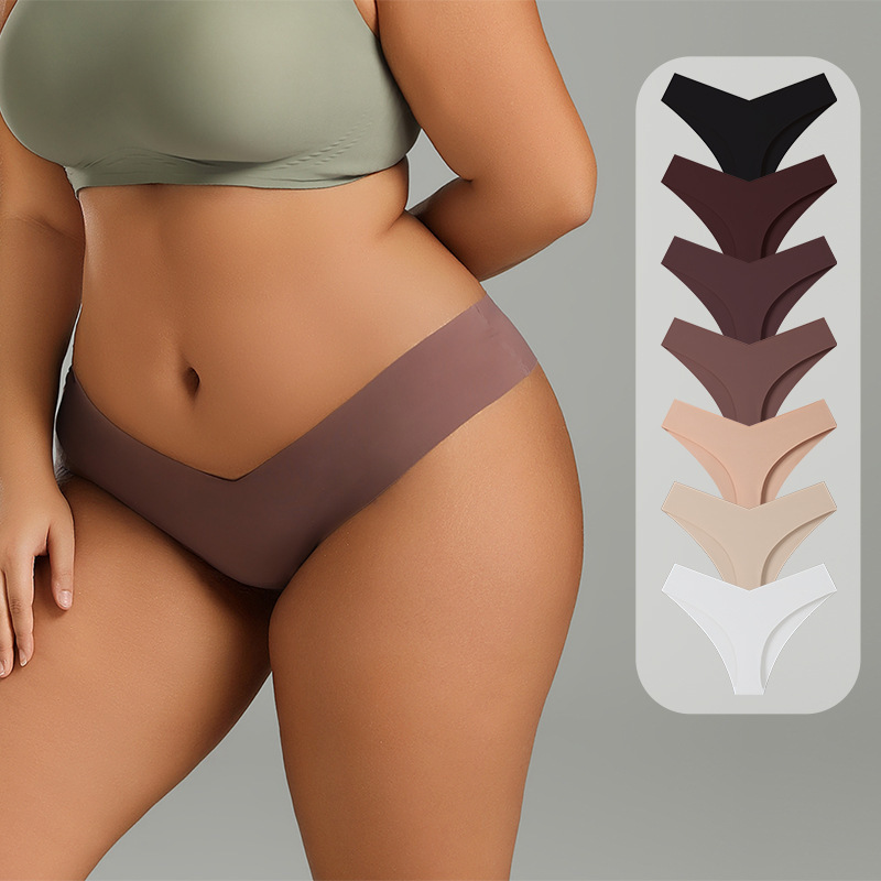 Cross-Border Large Size Ice Silk Seamless Women's Fashion V-Cut Breathable Briefs Solid Color Quick-Dry Sexy T-Back Panties
