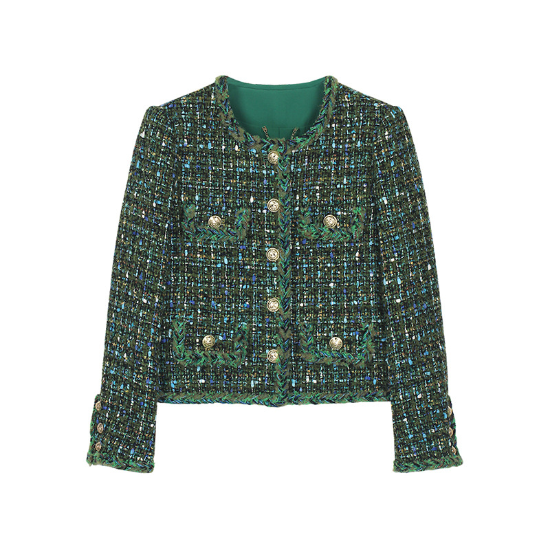 French Retro Green Small Fragrant Jacket High-End Wool Tweed Woven Top for Women 130031