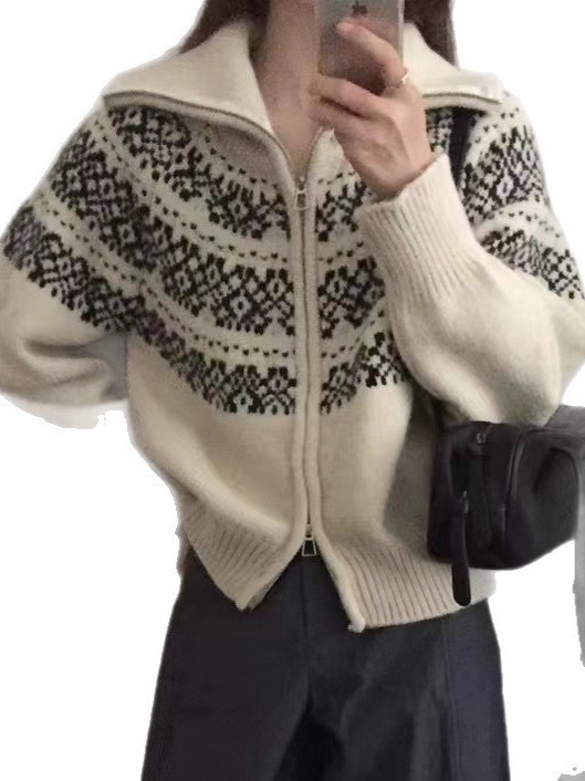 费尔岛提花拉链针织女开衫2025韩版秋冬新款短款毛衣圣诞复古外套|undefined