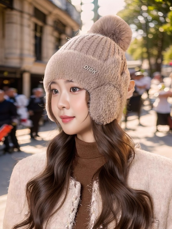 秋冬季女士加绒加厚护耳毛线帽子保暖时尚百搭简约毛球针织帽潮|undefined