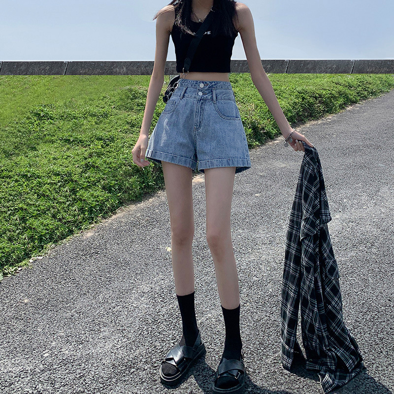 Ultra high waist Denim shorts women's summer thin ins slimming double buckle small A- line straight curling wide leg hot pants
