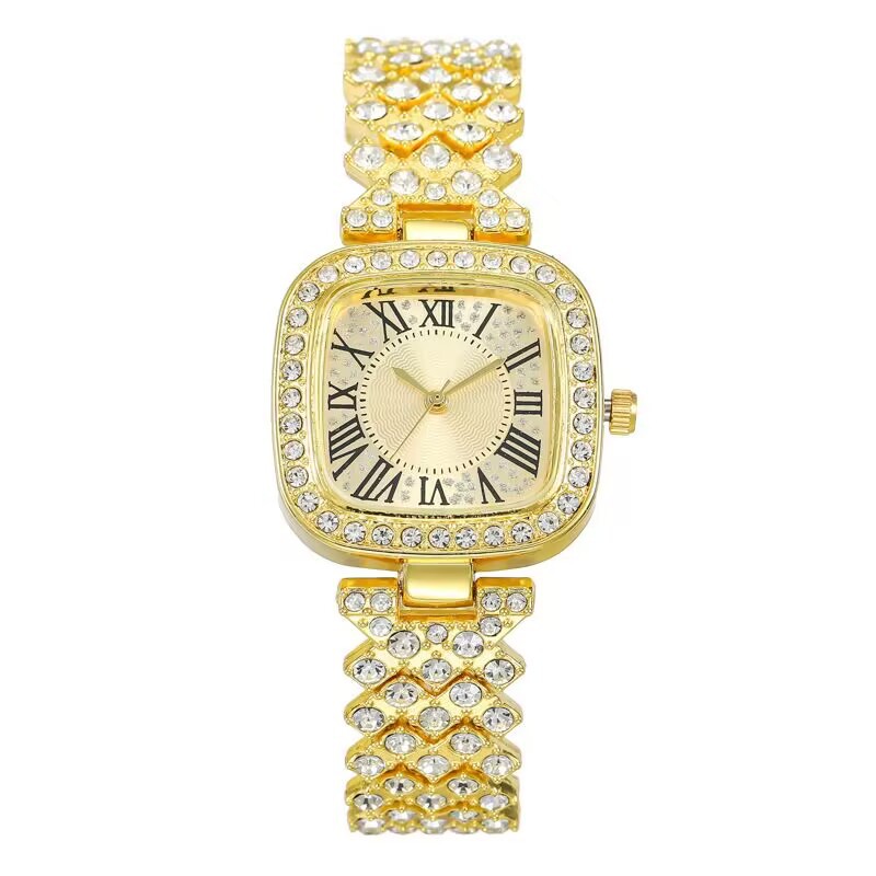 2024 koreansk version af moderigtigt stålbånd med indlagt dameur, vanddiamant romersk mønster kvartsarmbånd_voghion.com