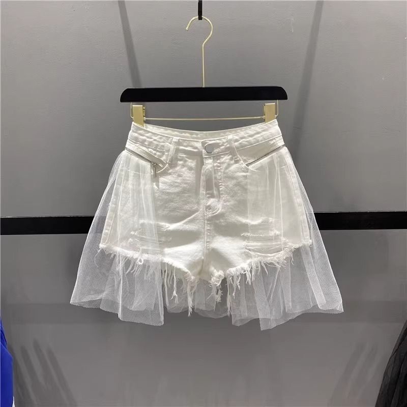 Summer New Arrivals Mesh Splicing Two-Piece New Skirt Pants Dance Denim Ripped Shorts High-Waisted Frayed Wide-Leg Hot Pants
