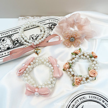 粉色系愛心花朵蝴蝶結水鑽珍珠發圈手鏈時尚重工歐根紗大腸圈套裝