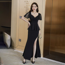 2025新款性感低胸高腰连衣裙夜店开叉包臀裙宴会夜总会礼服长裙女