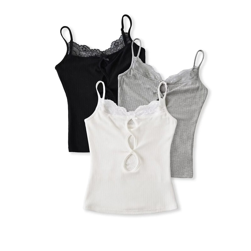 2025 Spring New Women's European and American Retro Pure Lust Style Lace Splicing Bow Decorated Twist Short Camisole