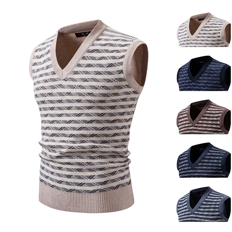 Vêtements pour hommes - Gilet en maille pour hommes - Pull d'hiver/automne ajusté à col en V sans manches - Cardigan décontracté à rayures jacquard pour jeunes_voghion.com