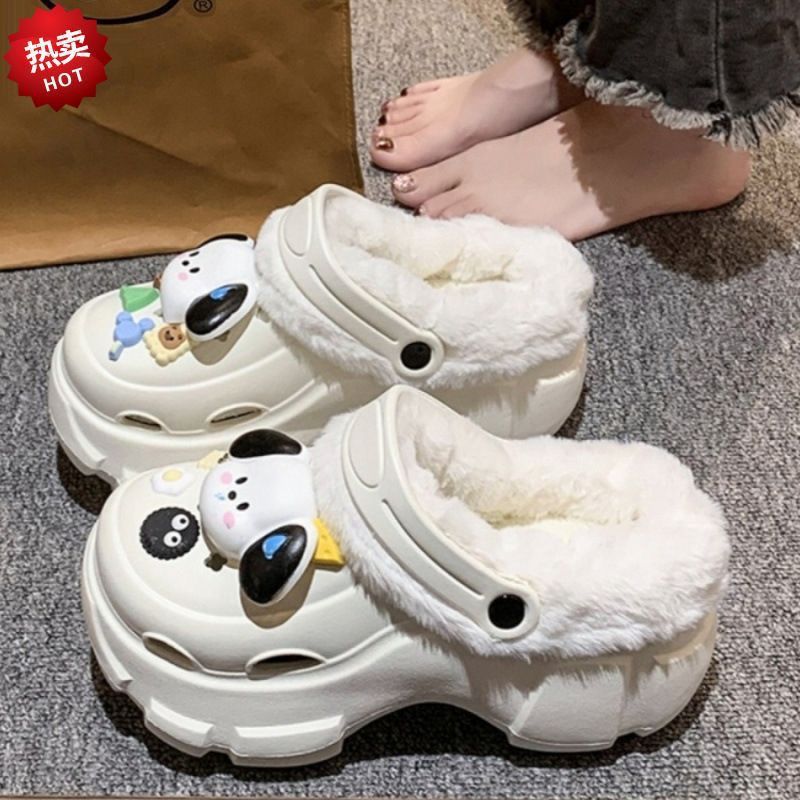 Cave Shoes Winter fleece-lined Detachable Women's Autumn and Winter Girls High Heel Cute Student Non-slip Cotton Slippers Winter fleece-lined