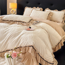 爆款高克重全消光雕花牛奶绒四件套韩版床裙织带花边款加绒床品